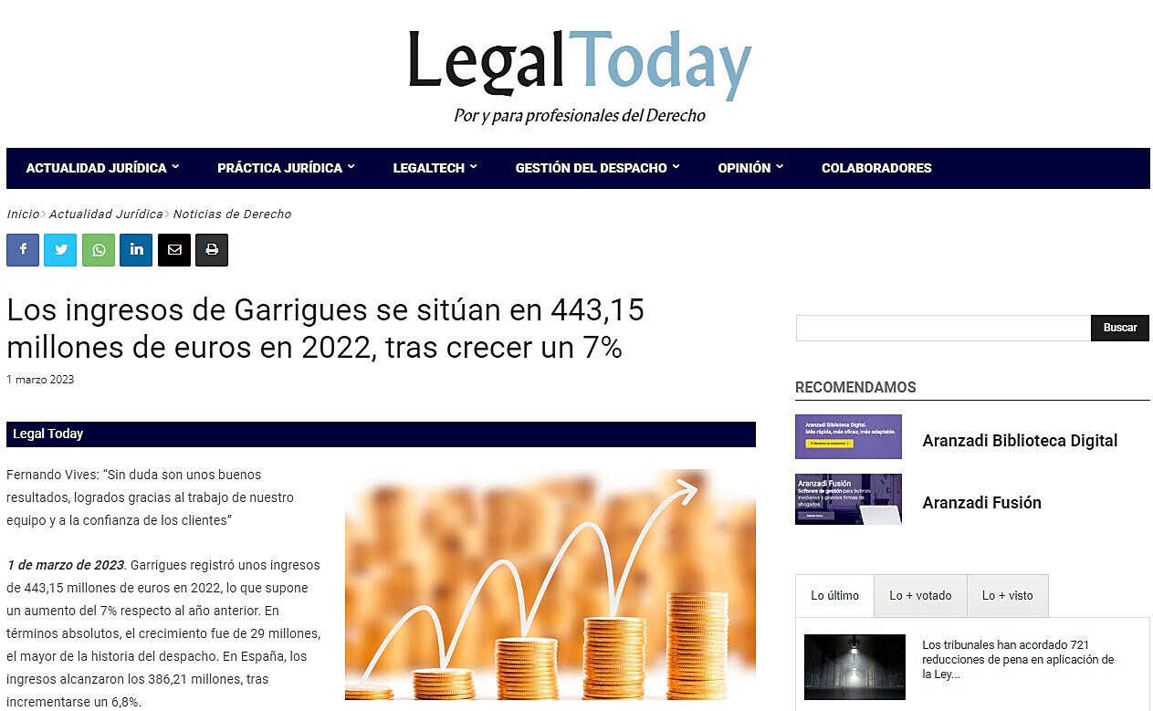 Los ingresos de Garrigues se sitan en 443,15 millones de euros en 2022, tras crecer un 7%